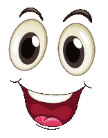 a cartoon drawing of a smiling face with big eyes and a red mouth