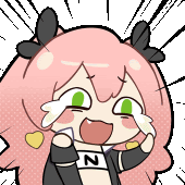 a cartoon girl with pink hair and green eyes is crying while wearing a jacket with the letter n on it .