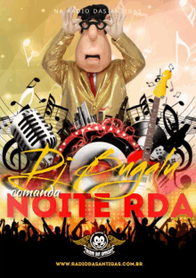 a poster for radio das antigas shows a man in a gold suit