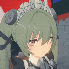 a girl with green hair has a maid 's headband on