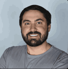 a man with a beard wears a grey shirt and smiles for the camera