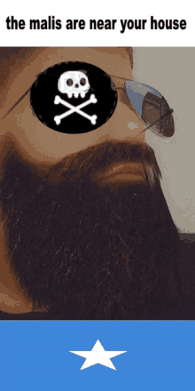 a man with a beard wearing sunglasses and a skull and crossbones eye patch