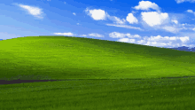 a grassy hill with a blue sky and white clouds in the background