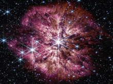 a cluster of stars surrounded by a purple nebula in space