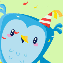 a blue bird wearing a party hat with red white and yellow ribbons