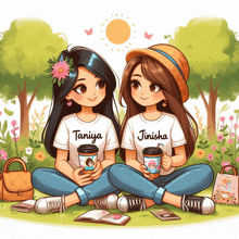 two girls wearing t-shirts that say taniya and jinisha