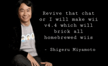 a quote from shigeru miyamoto is displayed in front of a smiling man