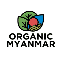 a logo for organic myanmar with a green leaf and a red sun