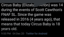 a screenshot of a tweet that says circus baby