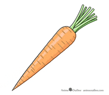 a cartoon drawing of a carrot with a green stem on a white background