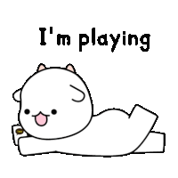 a cartoon cat is laying on its back with the words `` i 'm playing '' .