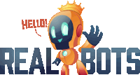 a logo for real bots with a robot with a crown on