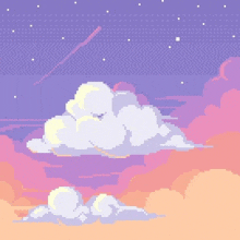 a pixel art illustration of a cloud in a purple sky with a shooting star .