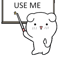 a cartoon bear is pointing at a sign that says `` use me '' .