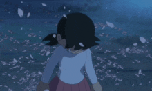 a cartoon girl is standing in a field of petals falling from trees