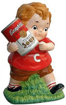 a ceramic figurine of a boy holding a can of campbell 's tomato soup