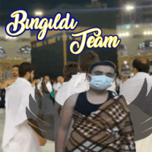 a man wearing a mask is standing in front of a sign that says bunguldu team