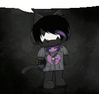 a black cat with headphones and a broken heart