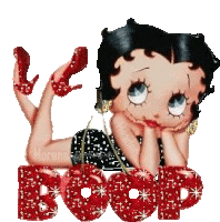 betty boop is laying on her stomach with the word boop written in red glitter