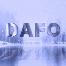 the word dafo is on a blue background with trees in the background