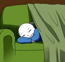 a cartoon drawing of a skeleton laying on a green couch