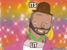 a cartoon of a man with a beard wearing a hat that says its lit on it