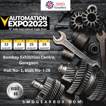 an advertisement for the automation expo 2023 with gears and wrenches