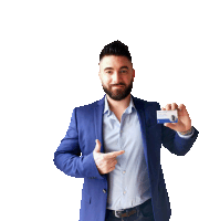 a man in a blue suit is holding a business card that says ' a ' on it