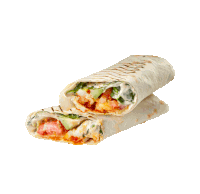 a tortilla wrap with tomatoes and cucumbers is cut in half