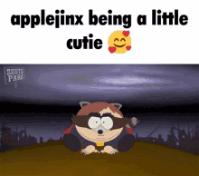 a cartoon of a raccoon with the words applejinx being a little cutie below it