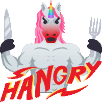 a cartoon of a unicorn holding a knife and fork with the word hungry behind him