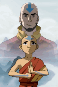 a man and a boy are standing next to each other and the boy has a blue arrow on his head