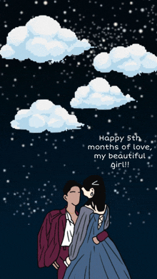 a drawing of a man and woman kissing under a cloudy sky with the words happy 5th months of love my beautiful girl