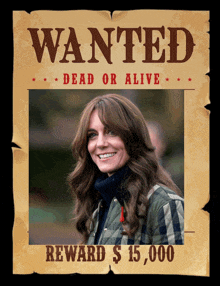 a wanted poster with a picture of a smiling woman