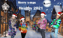 a merry x-mas healthy 2021 greeting card with four people wearing santa hats