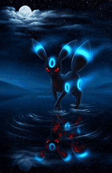 a black pokemon with glowing eyes is standing in the water