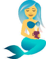 a mermaid with blue hair holds a cup of coffee