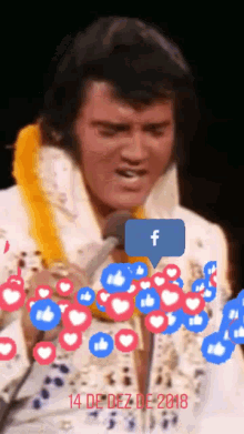 elvis presley singing into a microphone with a facebook icon surrounding him