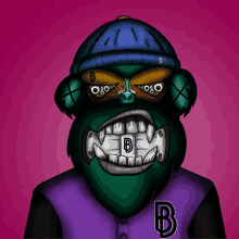 a cartoon of a monkey wearing a blue hat and a purple jacket with the letter b on it