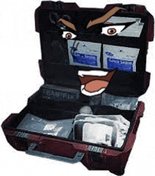 a first aid kit with a cartoon face on it is open and has a cartoon face on it .