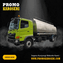 a green truck with the words promo karoseri on the side