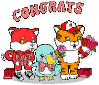 a cartoon of a cat a tiger and a duck with the words congrats written above them