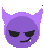 a pixel art of a purple devil face with horns and a tooth .