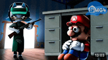 a cartoon of a raccoon holding a gun next to a cartoon of mario