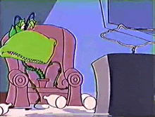 a cartoon of a plant sitting in a chair with a tv in the background