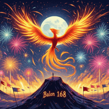 a painting of a phoenix flying over a mountain with the number 168 on the bottom