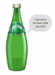 a bottle of perrier water with a speech bubble that says " i learned a lot from 1244 this svs "