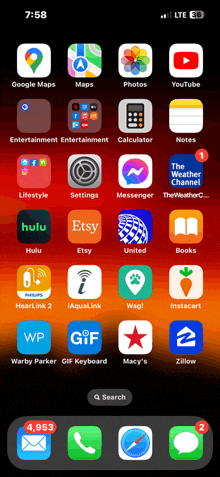 a phone screen shows the home screen with a search bar