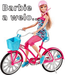 a barbie doll is riding a pink bicycle with a blue basket