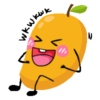 a cartoon illustration of a mango with arms and legs and the words wkwkwk written around it